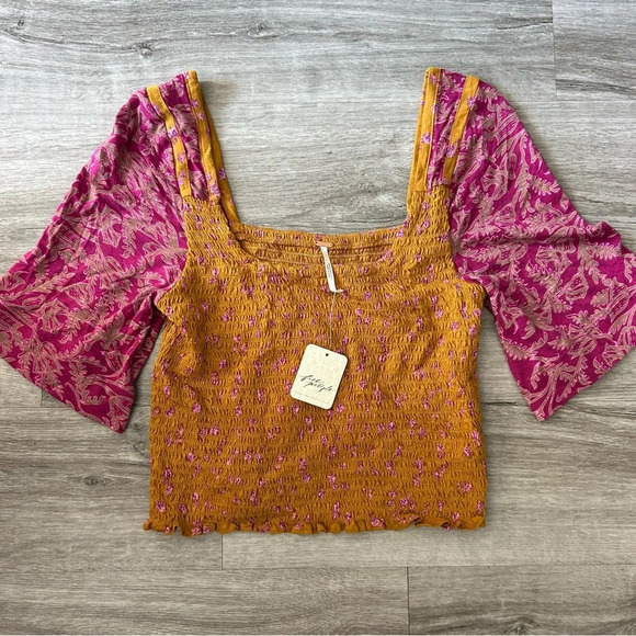 NWT Free People Marigold Top Blouse in Golden Combo Boho Fall Fashion Size Small - Picture 3 of 6